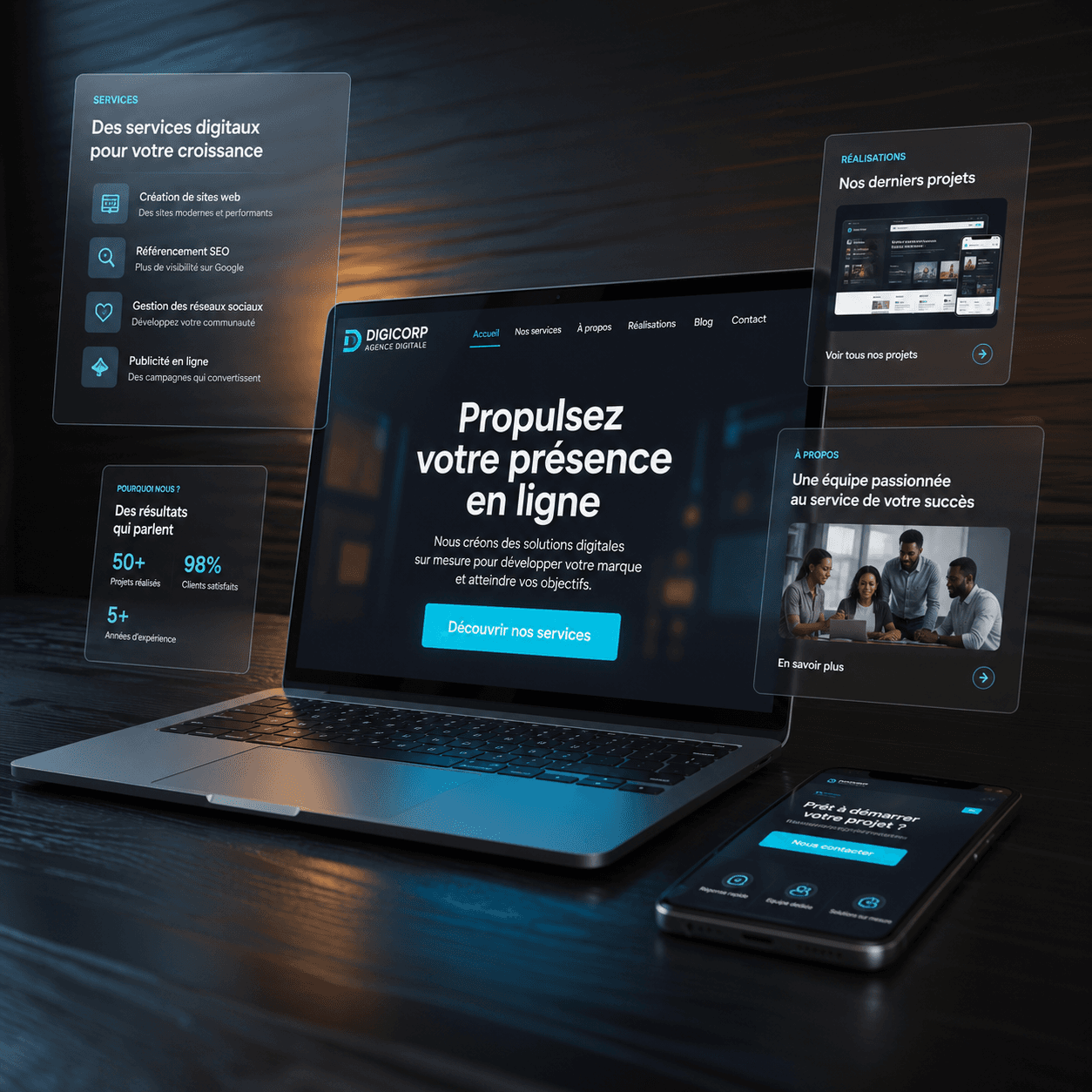 Équipe Digicorp travaillant sur la conception d'un site web